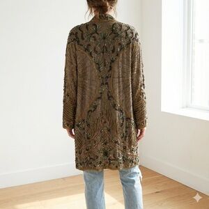 Vintage 1980s couture taupe brown silk beaded sequin kimono jacket - One Size